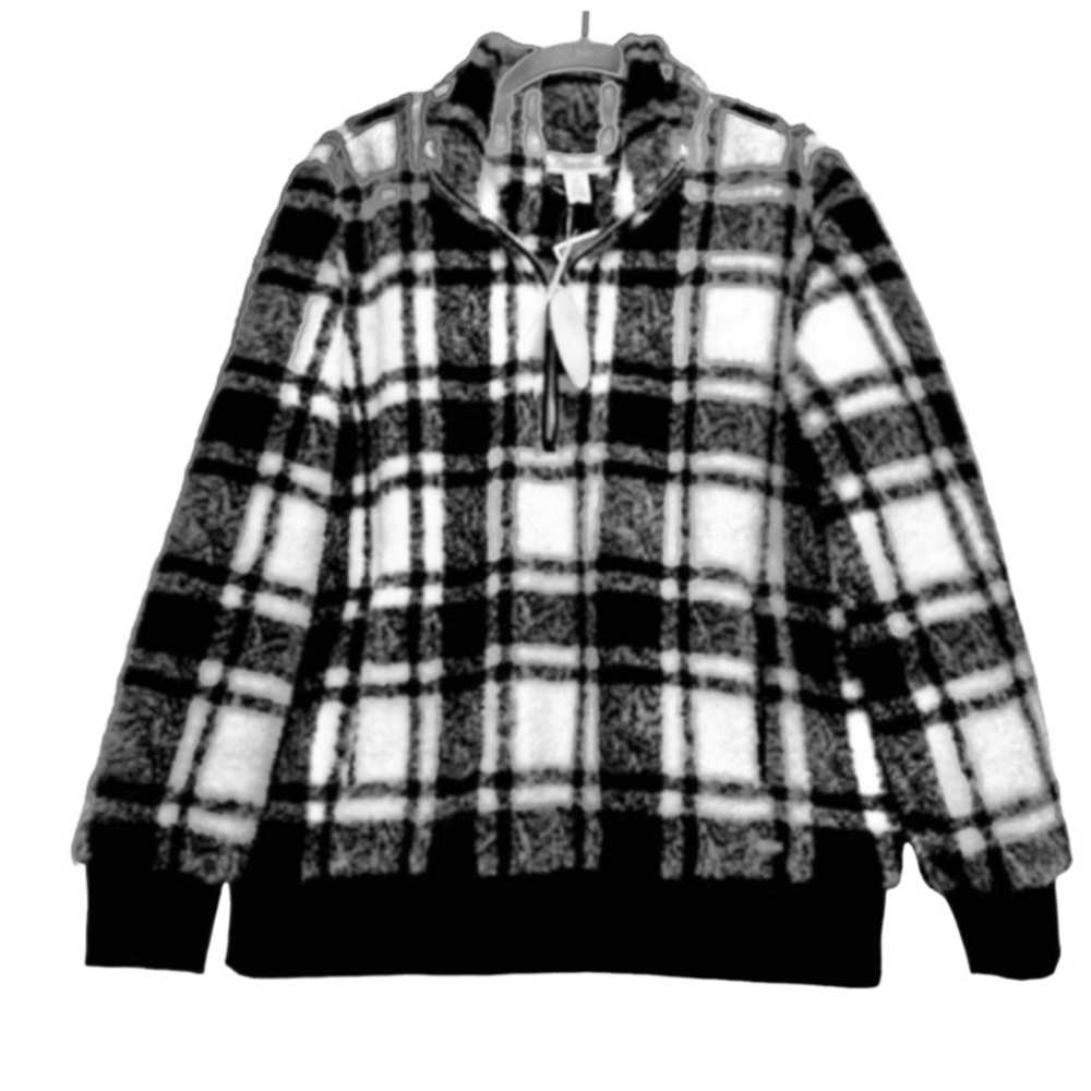 NEW Calvin Klein Sherpa Bomber Jacket Half Zip Plaid Black White Size S